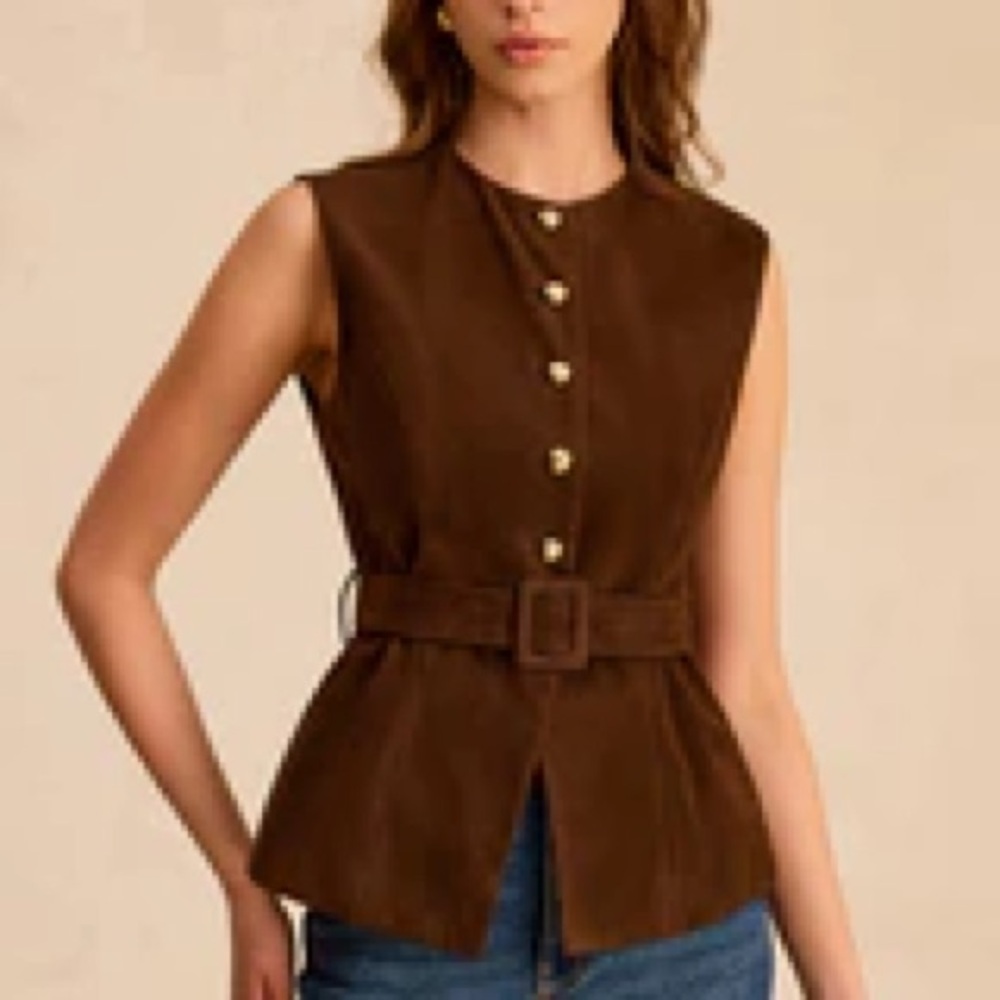 Commense Brown Sleeveless Button-Up Belted Top
